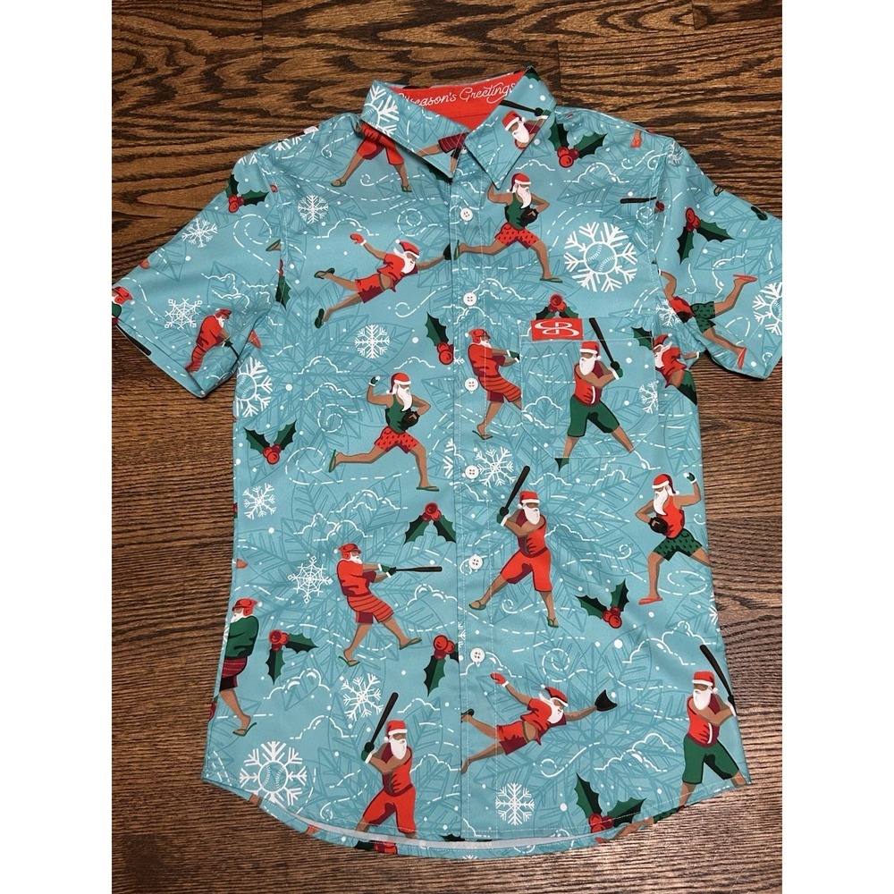 Men's Boombah Button Down Santa Baseball Shirt Men's Size S Polyester Humor